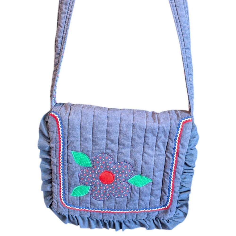 Handmade Quilted Blue Floral Shoulder Bag Ruffle Cottagecore Purse